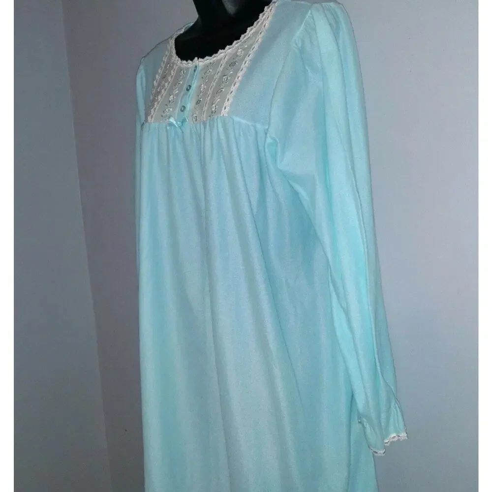 Vtg Flannel Lace Trim Long Sleeve Nightgown L Fundamentals Light Blue Polyester